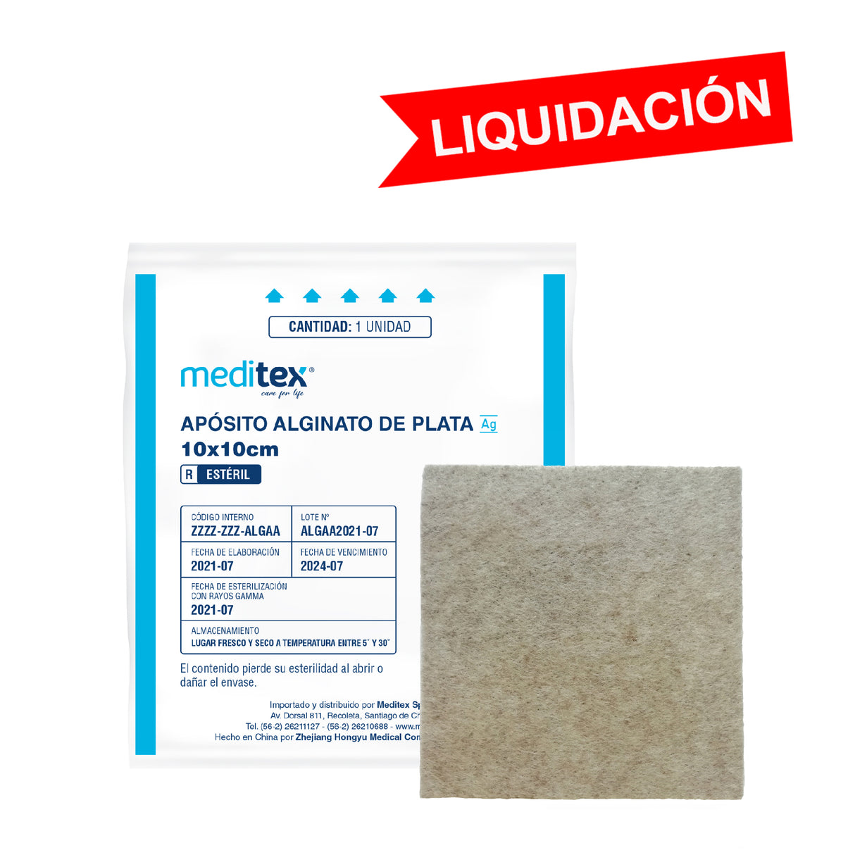 Apósito de alginato de calcio y plata 10cm x 10cm estéril