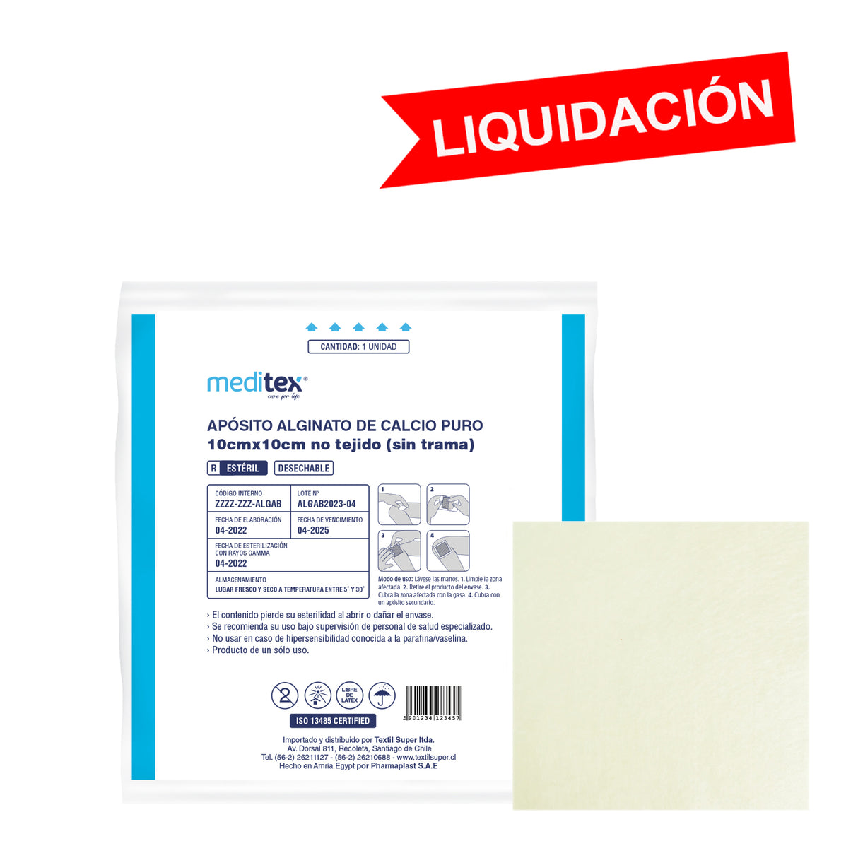 Apósito alginato calcio puro estéril 10cm x 10cm