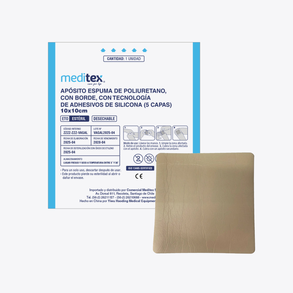 Apósito espuma de poliuretano, con borde, con tecnología de adhesivos de silicona (5 capas) 10cm x 10cm