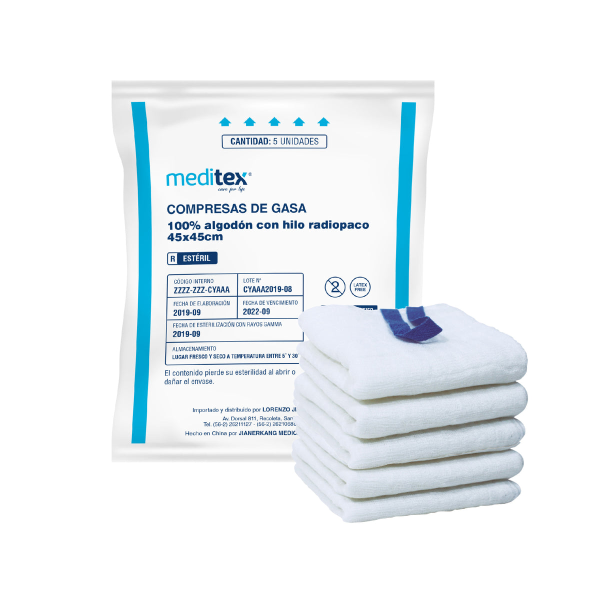 Compresa de gasa de algodón de 45cm x 45cm estéril
