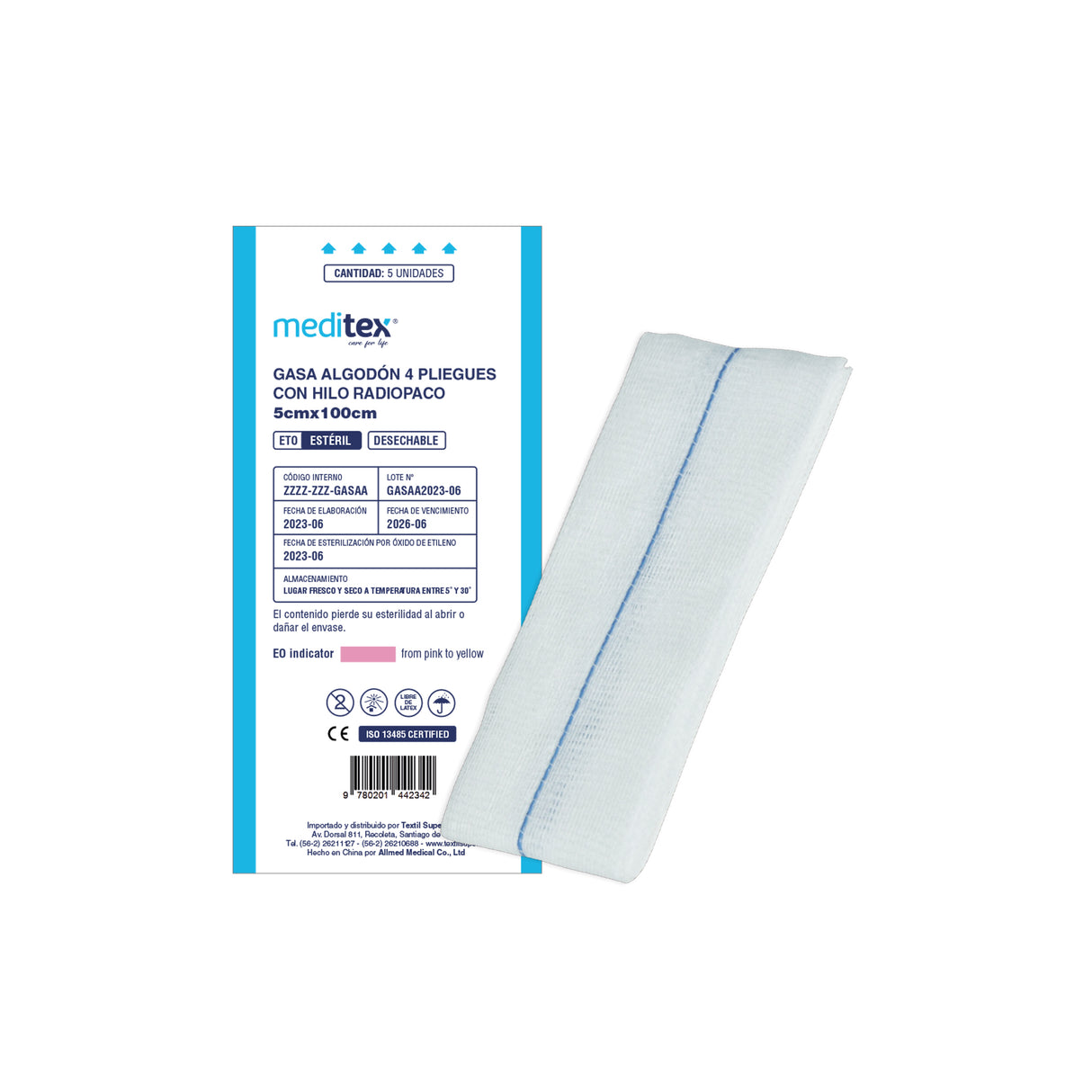 Gasa de algodón estéril 4 pliegues 5cm x 100cm