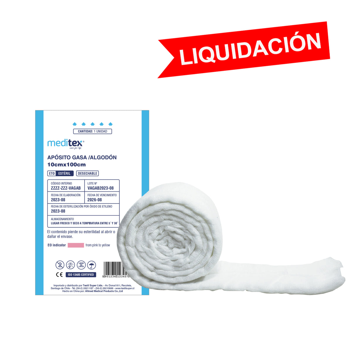 Apósito gasa algodón estéril 10cm x 100cm
