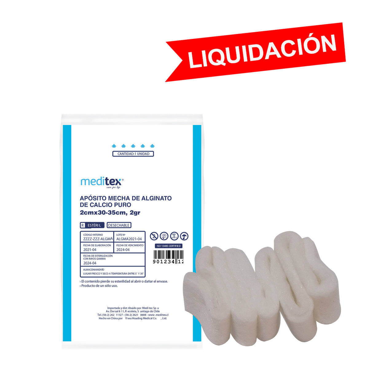 Apósito mecha de alginato de calcio puro estéril 35cm