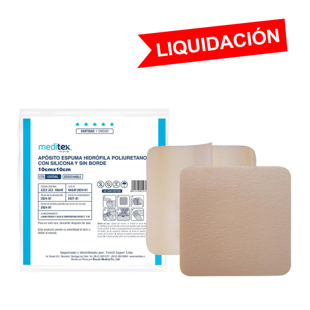 Apósito de espuma hidrófila de poliuretano con silicona sin borde estéril 10cm x 10cm