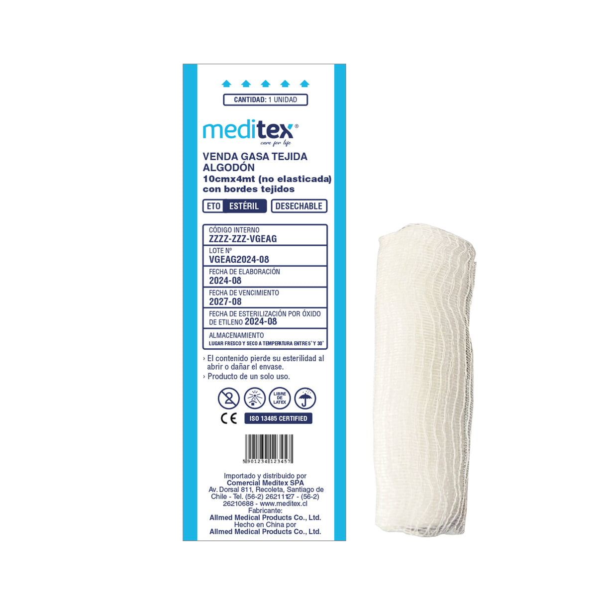 Venda gasa tejida algodón 10cm x 4mt (no elásticada) con bordes tejidos