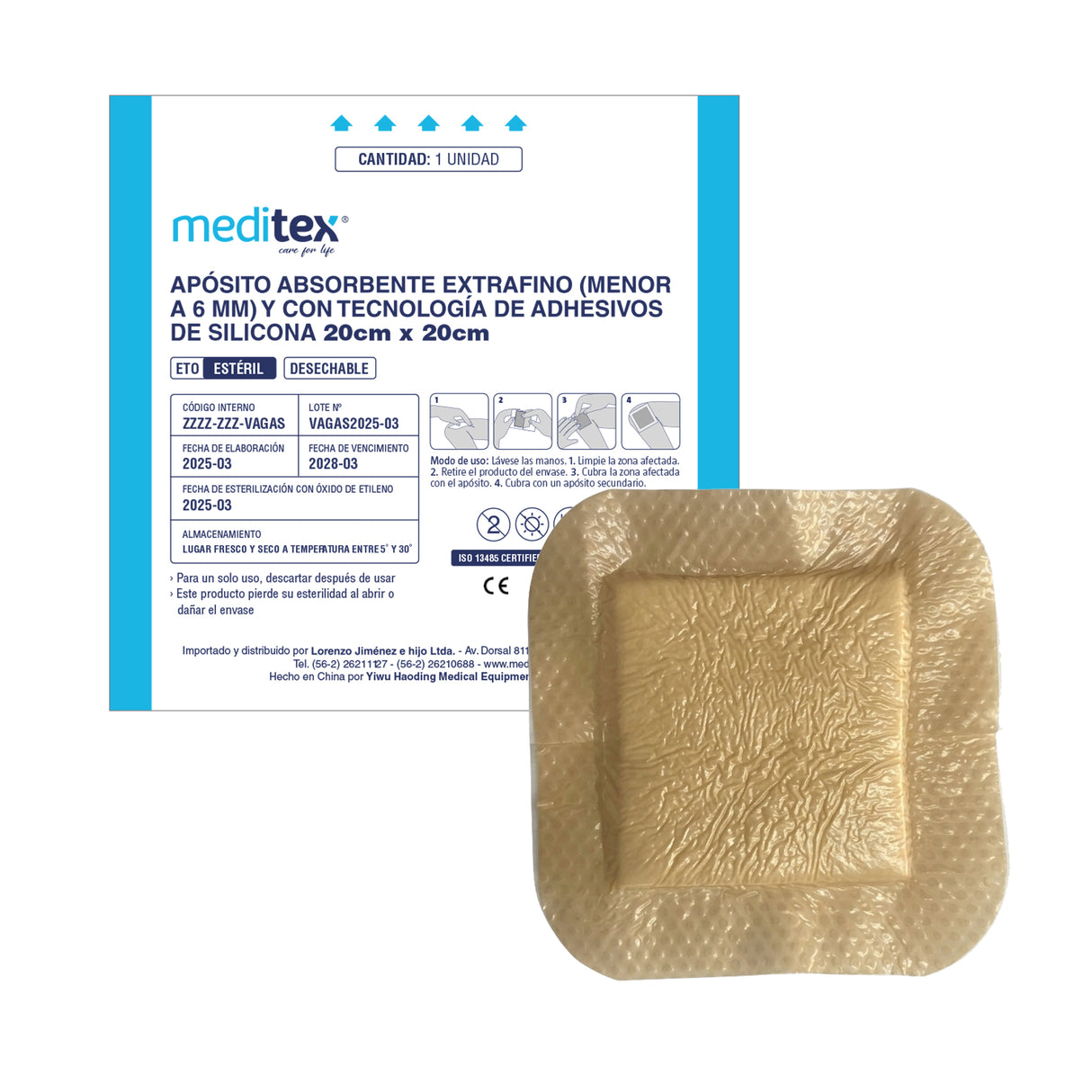 Apósito absorbente extrafino (menor a 6 mm) y con tecnología de adhesivos de silicona 20CM X 20CM
